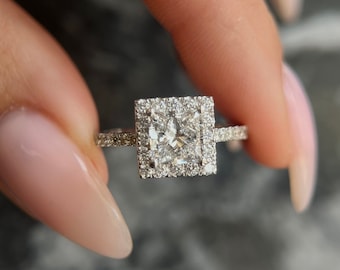 Princess Cut 1.30 carat IGI Certified E  Color VVS2 Clarity Lab Grown Diamond Halo Engagement Ring, Round Side Diamonds Handmade of 14k Gold