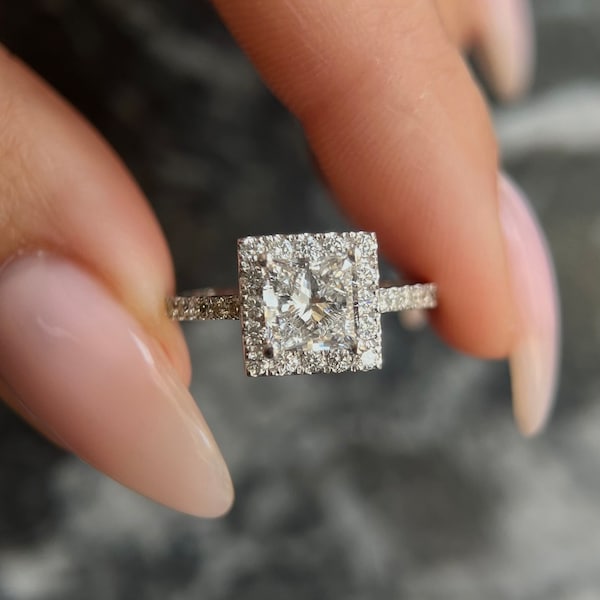 D Color VVS1 Clarity Princess Cut 1.30 carat IGI Certified Lab Grown Diamond Halo Engagement Ring, Round Side Diamonds Handmade of 14k Gold