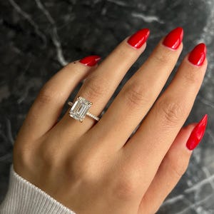 Emerald Cut 5.75 carat IGI Certified E/VVS2 Lab Grown Diamond Hidden Halo Engagement Ring, 3 Rows  Side Round Cut Diamonds Solid 18k Gold