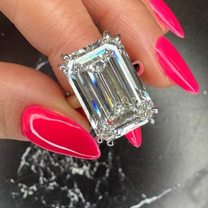 GIGANTIC Emerald Cut 14 carat F Color VVS2 Clarity IGI Certified Lab Grown Diamond Solitaire Engagement Ring 18k Gold Double Prong Cathedral