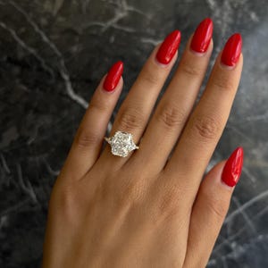 Radiant Cut 4.5 carat IGI Certified E Color VVS2 Clarity Lab Grown Diamond Three Stone Engagement Ring Side Trillions 18k Gold