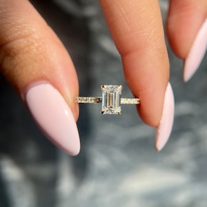 Emerald Cut 1.2 carat IGI Certified D Color VVS2 Clarity Lab Grown Diamond Hidden Halo Engagement Ring, Round Side Diamonds, 14k Gold
