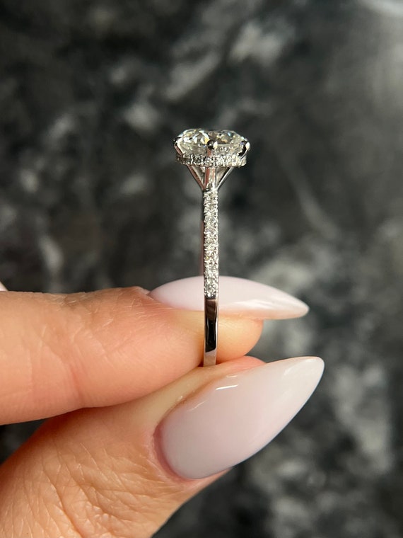 RARE D color VVS2 Clarity Round Cut 2.25 carat IGI Certified Lab Grown Diamond Hidden Halo Engagement Ring with Round Pavé Side Diamonds