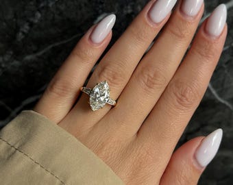 E Color VVS2 Clarity Marquise Cut 3.5 carat IGI Certified Lab Grown Diamond Three Stone Engagement Ring Side Baguettes Handmade of 14k Gold