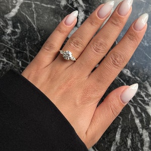Round Cut 3 carat D Color VVS2 Clarity IGI Certified Lab Grown Diamond Three Stone Engagement Ring, Side Pear Cut Diamonds, 14k Gold