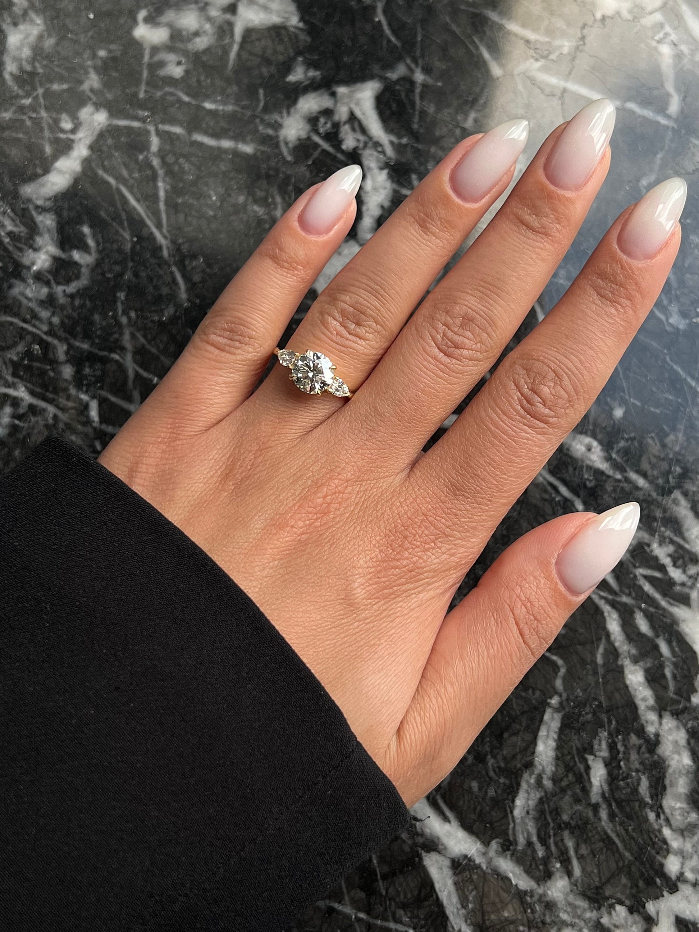 Round Cut 3 carat D Color VVS2 Clarity IGI Certified Lab Grown Diamond Three Stone Engagement Ring, Side Pear Cut Diamonds, 14k Gold
