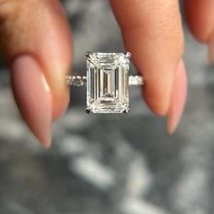 Emerald Cut 5.35 carat IGI Certified E Color VVS2 Clarity Lab Grown Diamond Hidden Halo Engagement Ring, Round Cut Side Diamonds 18k Gold