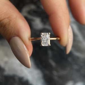 Radiant Cut 1 carat D Color VVS1 Clarity IGI Certified Elongated Radiant Cut Lab Grown Diamond Solitaire Engagement Ring 14k Gold