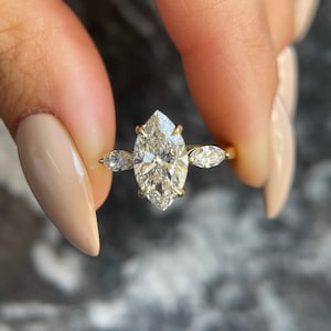 Marquise Cut 2.3 carat IGI Certified D Color VVS2 Clarity Lab Grown Diamond Three Stone Engagement Ring Handmade of 14k Gold