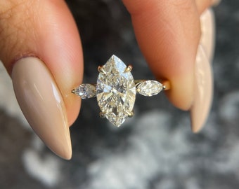 Marquise Cut 2.3 carat IGI Certified D Color VVS2 Clarity Lab Grown Diamond Three Stone Engagement Ring Handmade of 14k Gold