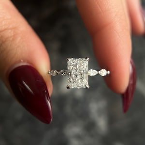 Radiant Cut 2.5 Carat D Color VVS2 Clarity IGI Certified Lab Grown Diamond Engagement Ring Hidden Halo and Side Marquise Diamonds 14k Gold