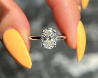 Oval Cut 1.55 carat IGI Certified D Color VVS2 Clarity Lab Grown Diamond Solitaire Hidden Halo Engagement Ring, Trendy Style 14k Gold