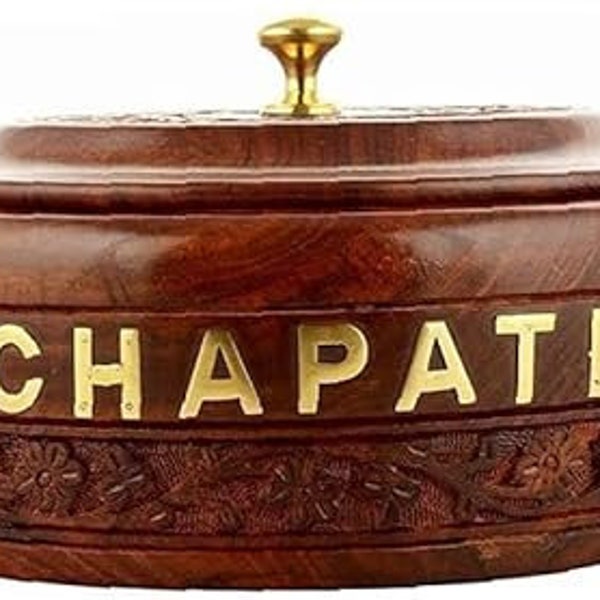 Wooden Chapati Box with Stainless Steel Classic Hot Box Hot Case Engraved Design, for Kitchen Dining Table for Guests - Large, 1500 ml