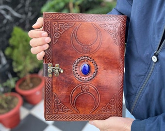 3 pagine di diario in pelle vintage in rilievo lapis blu luna di carta vintage anticata a mano con bordo deckle, quaderno di schizzi, diario da disegno regalo