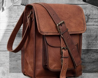 Leather satchel crossbody bag, Men Women Genuine Leather Messenger Shoulder Bag Cross Body Bag i-Pad Bag for Men Christmas gift him her