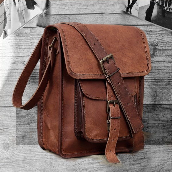 Leather satchel crossbody bag, Men Women Genuine Leather Messenger Shoulder Bag Cross Body Bag i-Pad Bag for Men Christmas gift him her