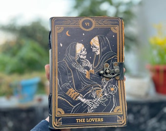 Handmade Leather journal for men and women, Book of Spells Leather Journal Deckle Edge Paper, The Lovers Tarot Notebook, Travel journal Gift