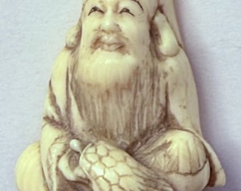 Vintage Japanese Netsuke 1 1/2" carved resin OLD MAN with TURTLE signed sculpture