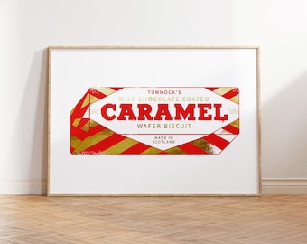 May include: A vintage-style illustration of a Tunnock's Caramel Wafer Biscuit. The packaging is red and gold with the text "Tunnock's Milk Chocolate Coated Caramel Wafer Biscuit Made in Scotland".