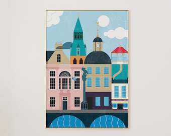 May include: A colorful illustration of a city skyline with buildings in various shades of pink, blue, green, and brown. The buildings have white windows and a clock tower with a gold spire. The illustration is set against a blue sky with white clouds.