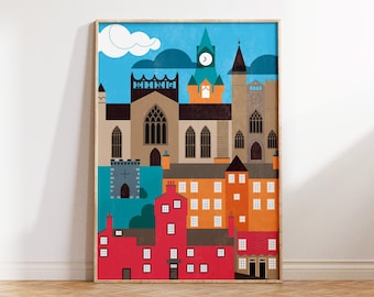 May include: A colorful illustration of a city skyline with buildings in various shades of brown, orange, red, and blue. The buildings are arranged in a layered pattern, with the tallest building in the center. The sky is blue with a white cloud.