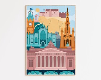 May include: A framed art print featuring a colorful illustration of Edinburgh, Scotland. The artwork depicts iconic landmarks like the Scott Monument, Edinburgh Castle, and the Balmoral Hotel, rendered in a vibrant, stylized manner. The color palette includes shades of blue, orange, and pink.