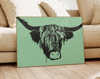 May include: A black and white illustration of a Highland cow with long, shaggy hair. The cow is silhouetted against a light green background.