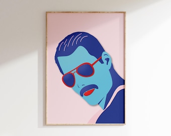 May include: A digital illustration of a person with blue hair and a blue shirt, wearing red sunglasses and a red mustache. The background is pink.