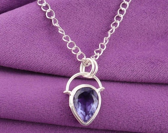 Blue Iolite Pear Pendant: 925 Sterling Silver Chain Necklace