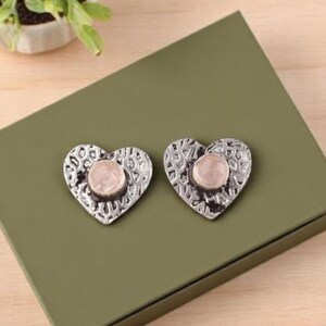Handmade 925 Silver Rose Quartz Stud Earrings: Heart Gemstone Jewelry