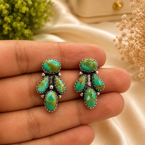 Green Turquoise Stud Earrings, Handmade 925 Sterling Silver Gemstone Earrings, Boho Southwestern Earrings, December Birthstone Gift