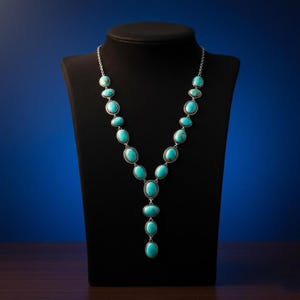 May include: A silver necklace featuring oval turquoise stones. The necklace is displayed on a black mannequin. The stones are set in silver metal and linked by a fine chain. The necklace has a Y-shaped design.