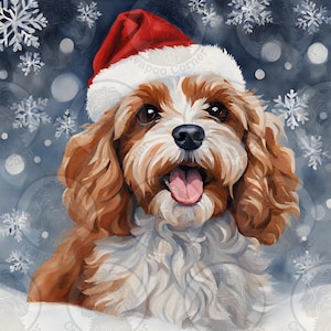 Könnte beinhalten: Ein Cavalier King Charles Spaniel mit rotem Weihnachtsmannhut vor einem verschneiten, blau-grauen Hintergrund mit Schneeflocken. Der Hund hat braunes und weißes Fell, mit herausgestreckter Zunge. Das Bild hat einen Aquarellmalstil.