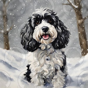 May include: A watercolour painting of a Cavapoo dog in a snowy landscape. The dog has black and white fur, brown eyes, and a pink tongue. It wears a silver bell collar. The background shows falling snow and bare trees.