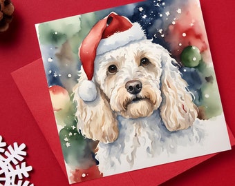 White Cockapoo Wearing a Santa Hat Christmas Card Pack of 10 Greeting Cards with White Standard Envelopes