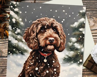 Chocolate Labradoodle in the Snow Pack of 10 Christmas Cards Greeting Cards with Standard Envelopes