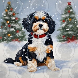 May include: A watercolor painting of a Cavalier King Charles Spaniel wearing a red collar, sitting in the snow. Two Christmas trees with ornaments are in the background, with snowflakes falling. The dog has black, tan, and white fur.