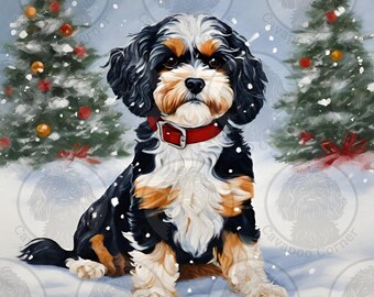 Tri Colour Cavapoo in the Snow Pack of 10 Greeting Cards with Standard Envelopes