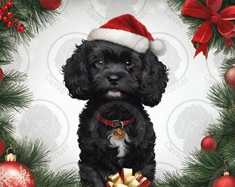 Black Cavapoo Christmas Pack of 10 Greeting Cards with Standard Envelopes