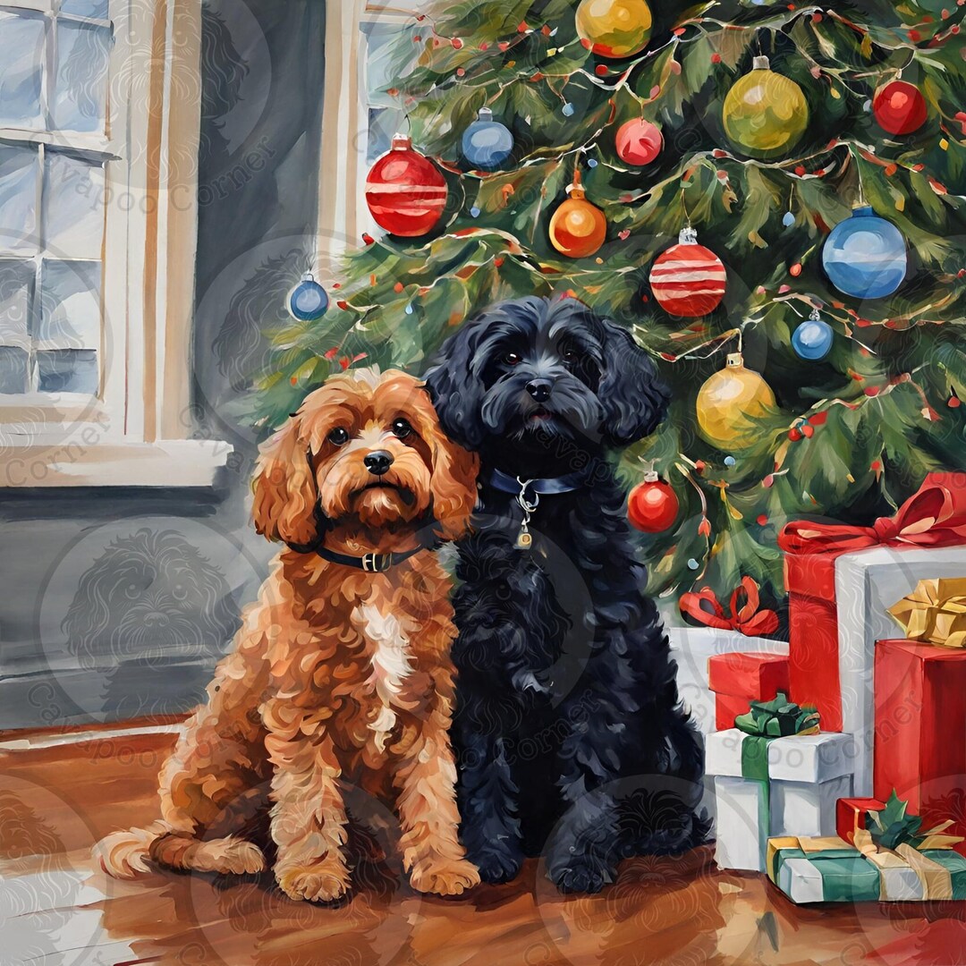 Two Cavapoos by Christmas Tree Pack of 10 Greeting Cards Standard ...