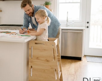 Step stool with safety railing. Montessori style. Plywood, CNC machined, DIY. Digital files, not a physical product.