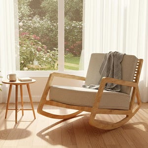 May include: A light wood rocking chair with beige upholstered cushions and a grey textured throw blanket draped over the back. Beside it stands a small round wooden side table holding a white mug and a book, near a potted green plant.