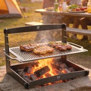 Op de afbeelding: Een zwarte metalen kampvuurgrill met een rechthoekig grillrooster dat boven een vuurplaats met brandende houtblokken hangt. Het frame bevat de tekst D! Maker. De grill staat op een grote steen, met rook die van het voedsel afkomt.