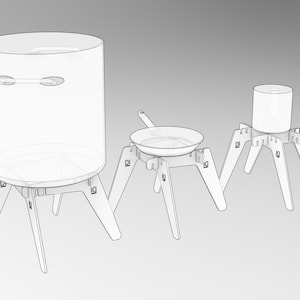 Puede incluir: Tres recipientes cilíndricos transparentes de diferentes tamaños con tapas, cada uno sentado en un soporte de trípode de madera. Los soportes están hechos de madera y tienen un diseño simple y rústico.