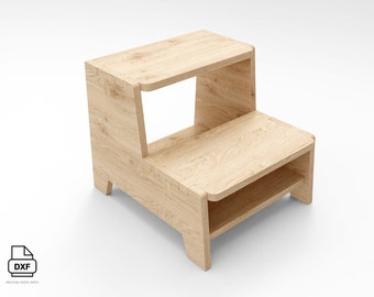 Step stool with storage tray. Plywood, CNC, DIY. Digital files only, not a physical object.