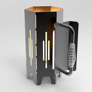 Puede incluir: Un encendedor de carbón hexagonal de metal negro con recortes verticales y un interior dorado. Cuenta con un mango negro con un agarre de resorte en espiral plateado. El texto D! Maker y DXF Digital Files Only aparece en las esquinas.