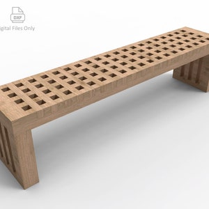 Puede incluir: Un banco de madera con un tablero de listones y un diseño simple y moderno. El banco está hecho de madera marrón claro y tiene una forma rectangular.