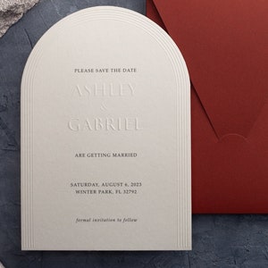Arch Embossed Wedding Invitation, Letterpress Design, Terracotta Envelope, Personalized Minimalist Card