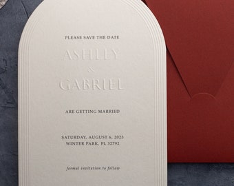 Arch Save the Date Card — Ivory Cardstock with Debossed Typography and Envelope