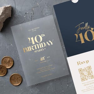Ensemble acrylique d'invitations d'anniversaire avec feuille d'or, carte d'anniversaire à impression acrylique, carte QR RSVP, invitation à une fête d'étape importante pour lui ou elle, 30, 35, 40 ans